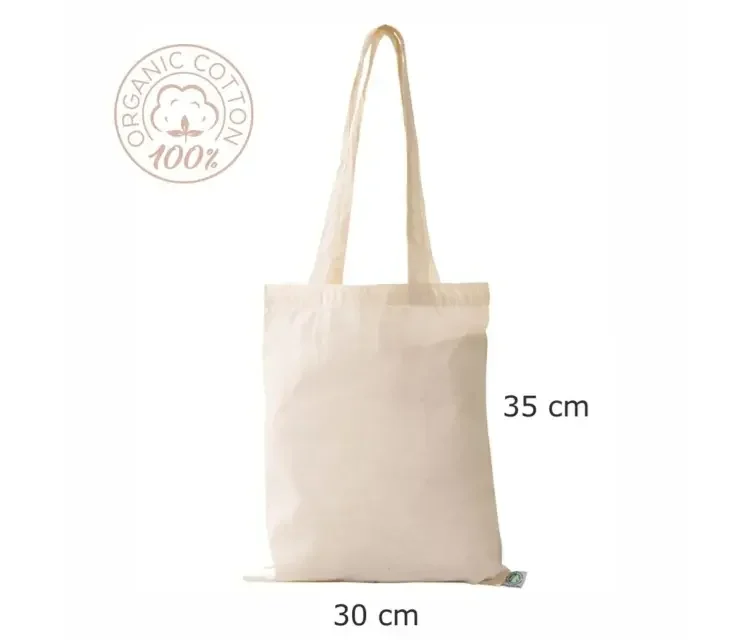 Natural white organic cotton tote bag 30×35 cm with dimensions shown – GOTS certified